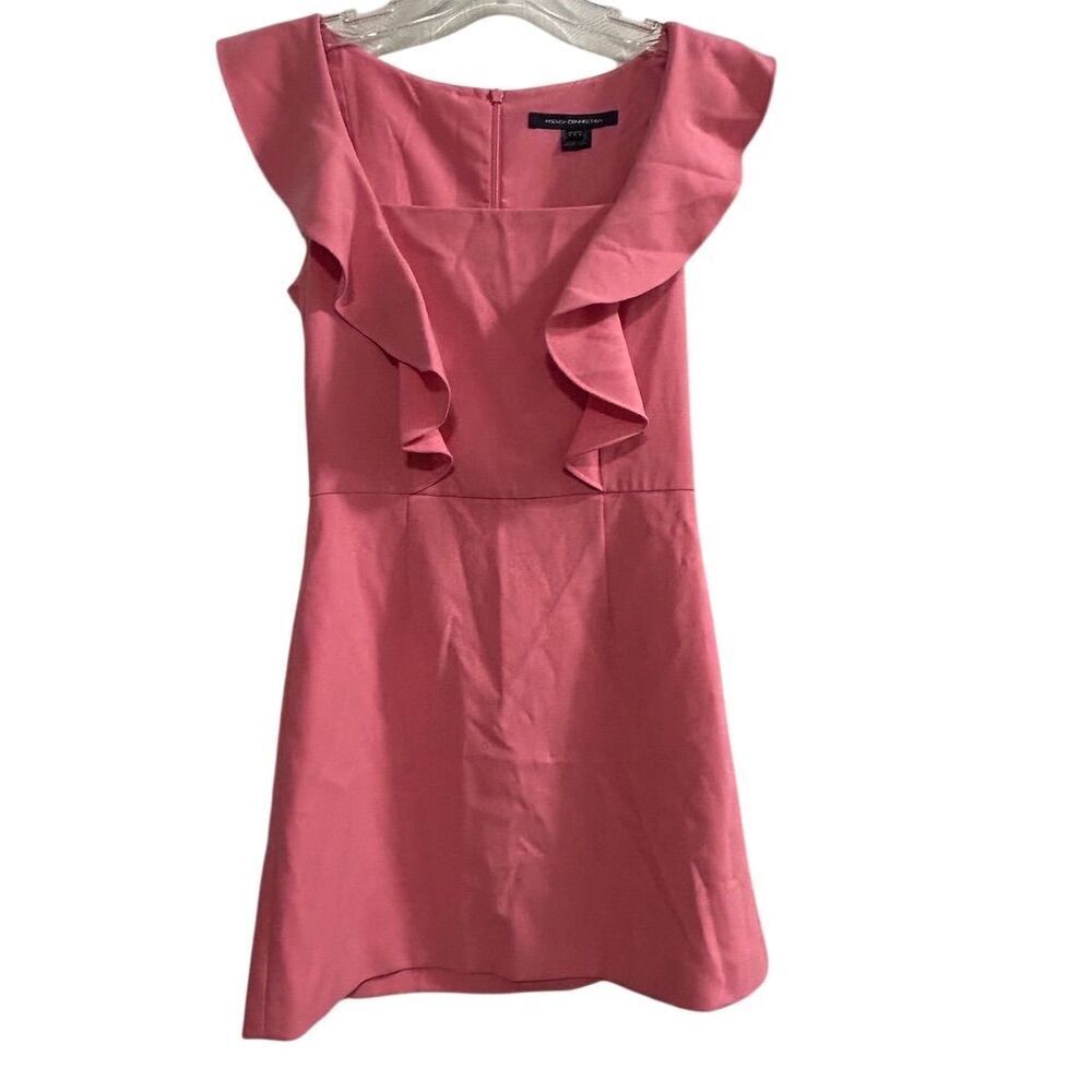 French Connection Women's Pink Ruffle Square Neck Short Dress Size 4